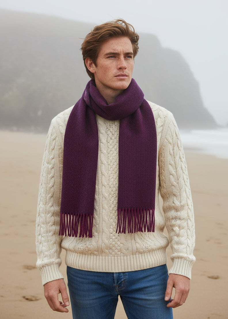 Foxford Lambswool Scarf | Magenta Juniper Herringbone