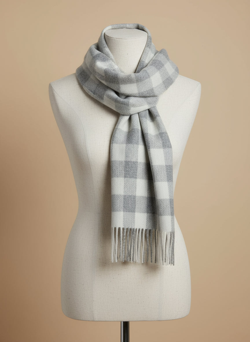 Foxford Grey & White Check Lambswool Scarf