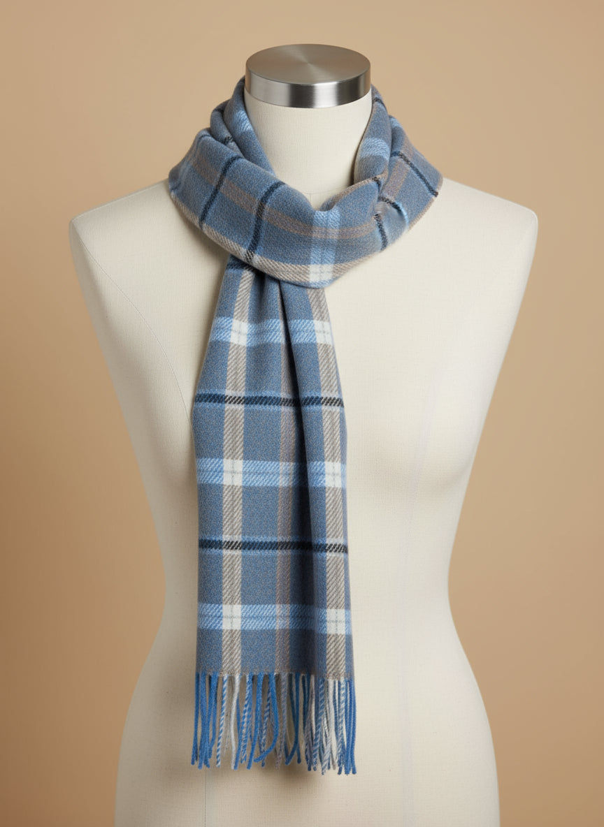 Foxford Blue & Mink Check Lambswool Scarf
