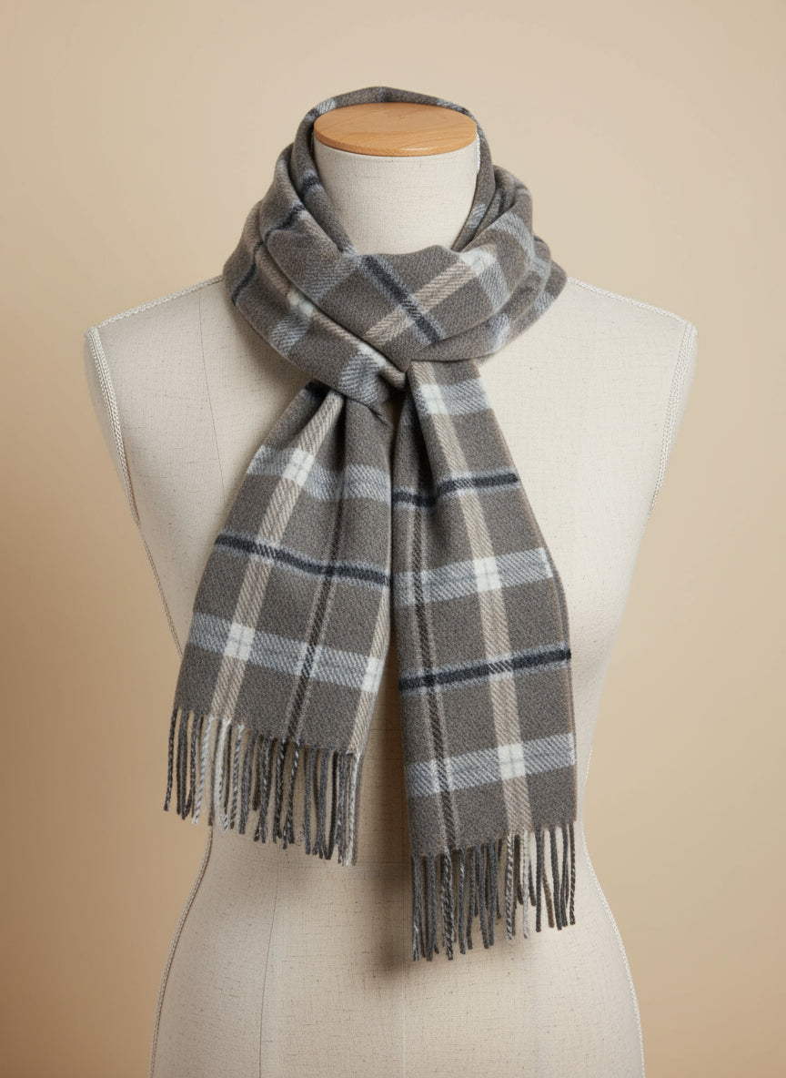 Foxford Grey & Mink Check Lambswool Scarf