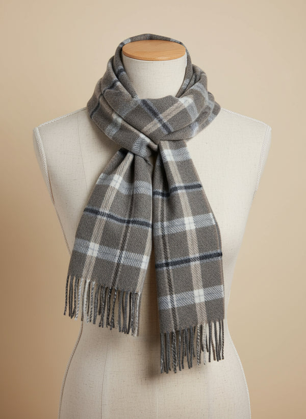 Foxford Grey & Mink Check Lambswool Scarf