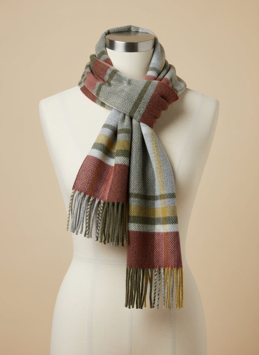 Foxford Rust and Green Tartan Lambswool Scarf