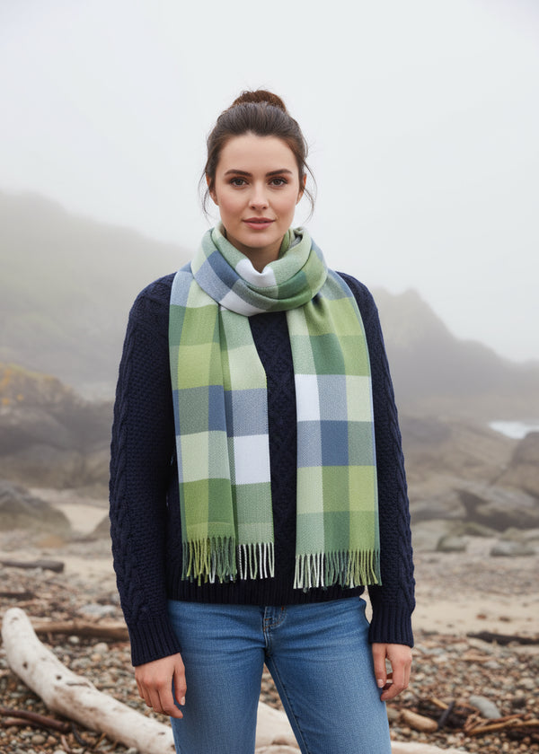 Foxford Giant Merino Scarf | Green & Blue Block