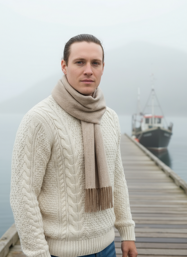 Foxford Lambswool Scarf | Camel Herringbone