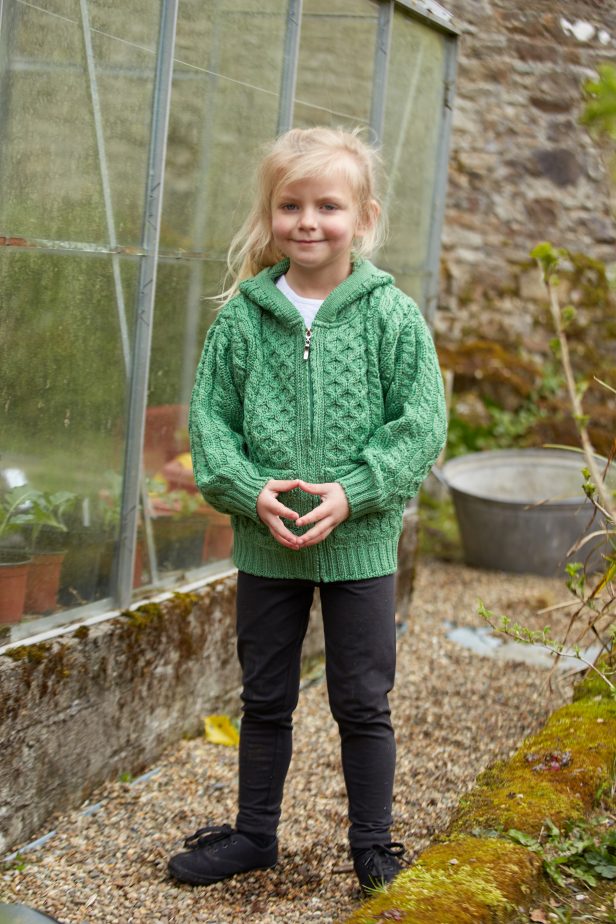 Kids Hooded Aran Zip Cardigan - Green