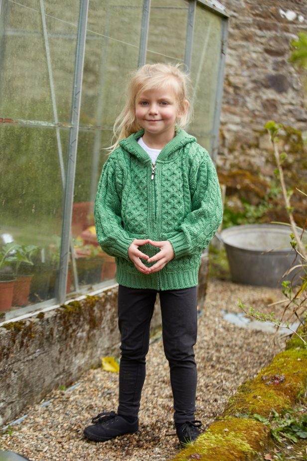 Kids Hooded Aran Zip Cardigan | Green