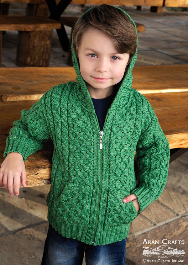 Kids Hooded Aran Zip Cardigan - Green