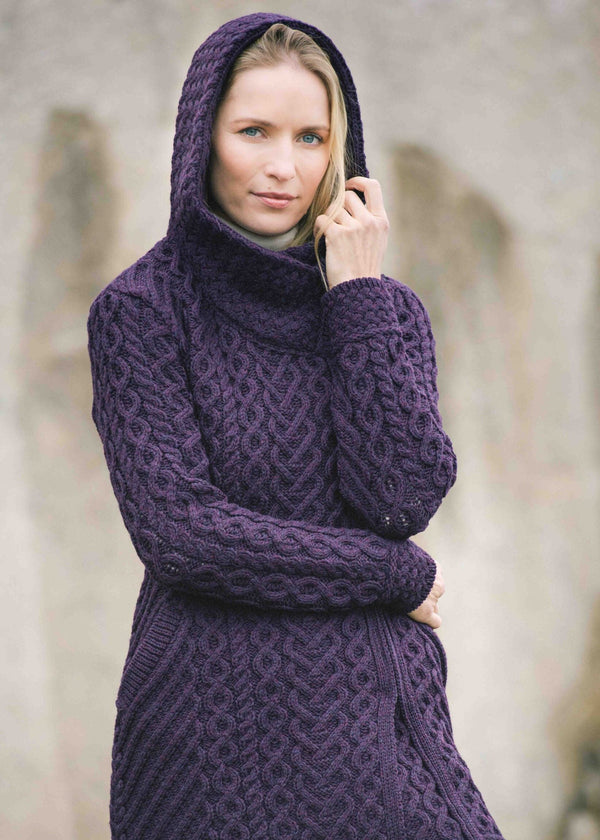 Aran Crafts Heart Design Hooded Coat | Plum