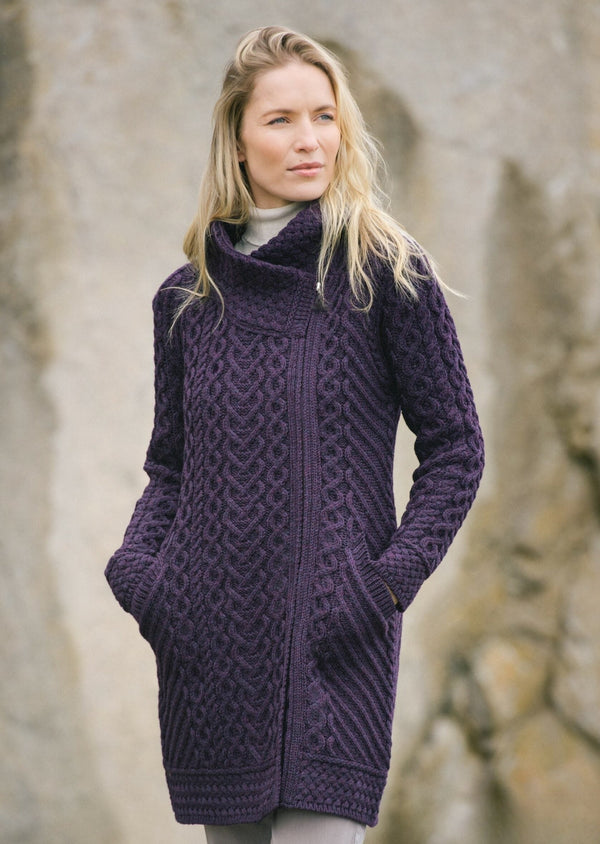 Aran Crafts Heart Design Hooded Coat | Damson