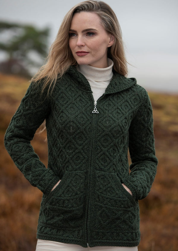 Skellig Aran Zip Cardigan With Hood | Green