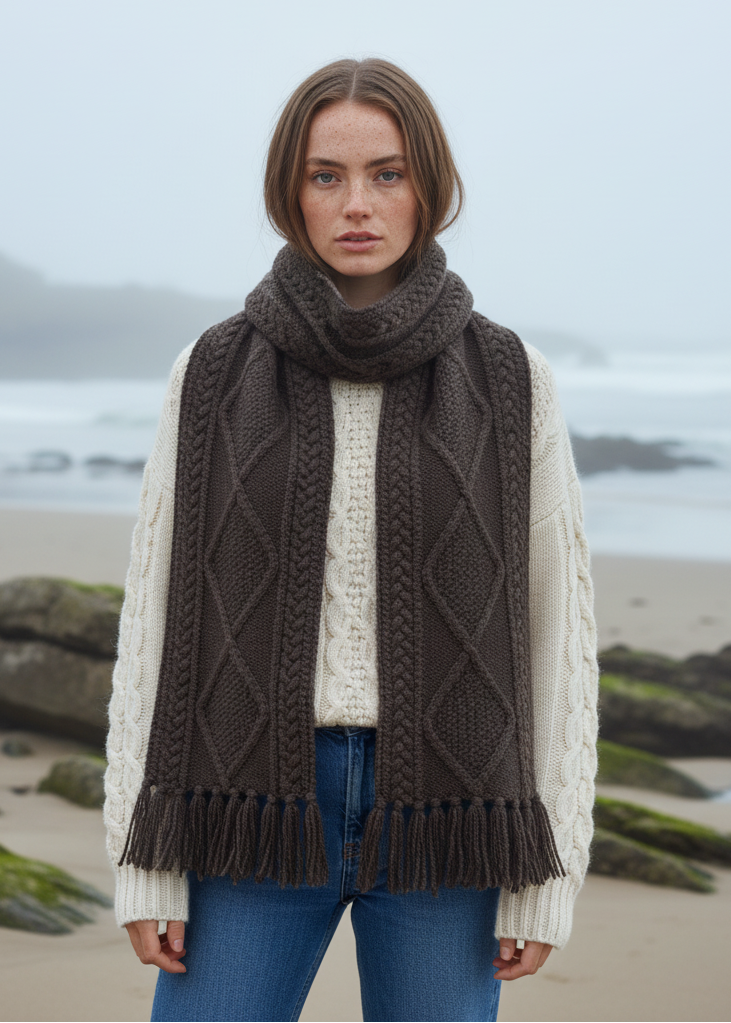 Handknit Brown Aran Scarf