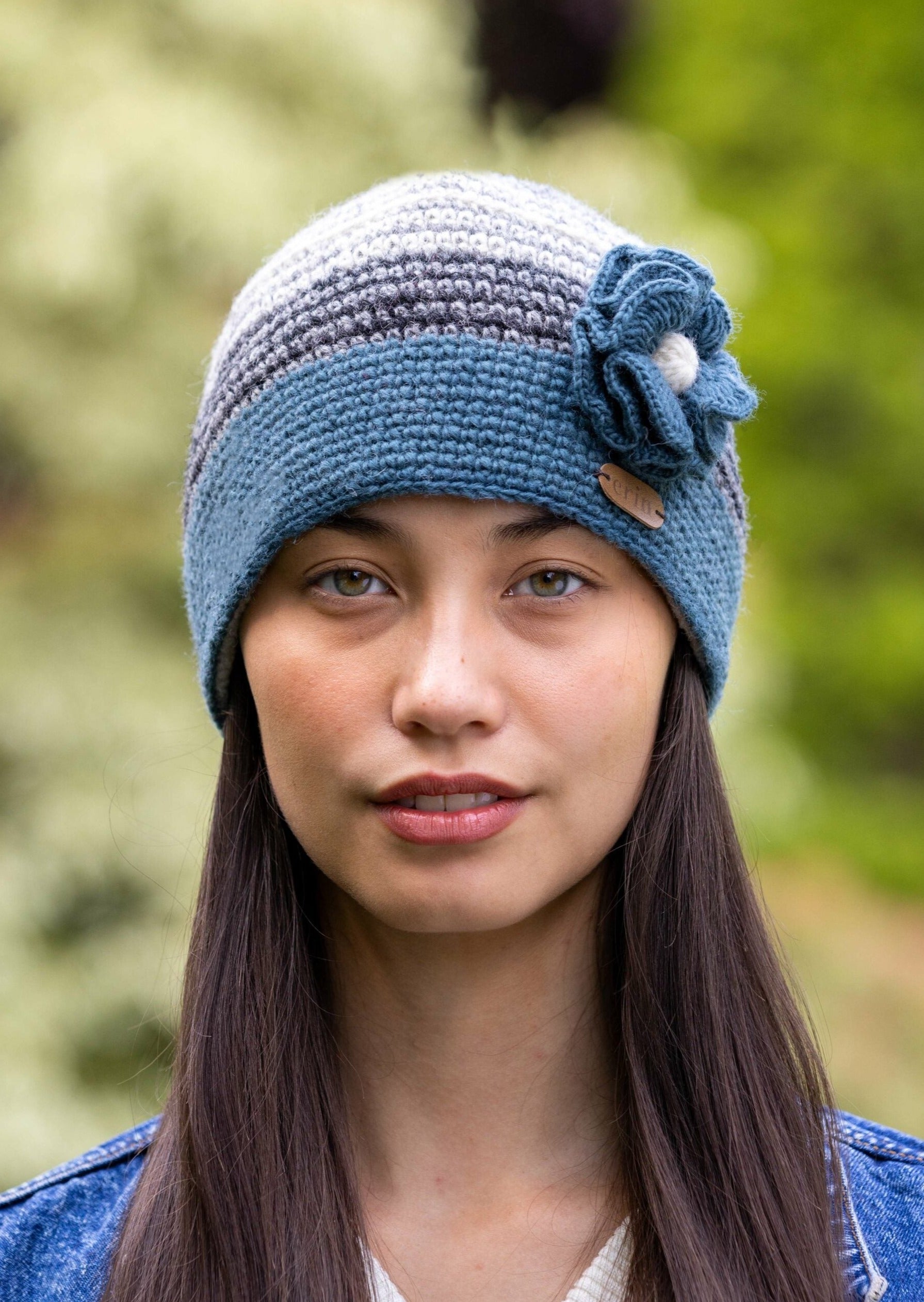 Crochet Cap with Flower Denim & Grey