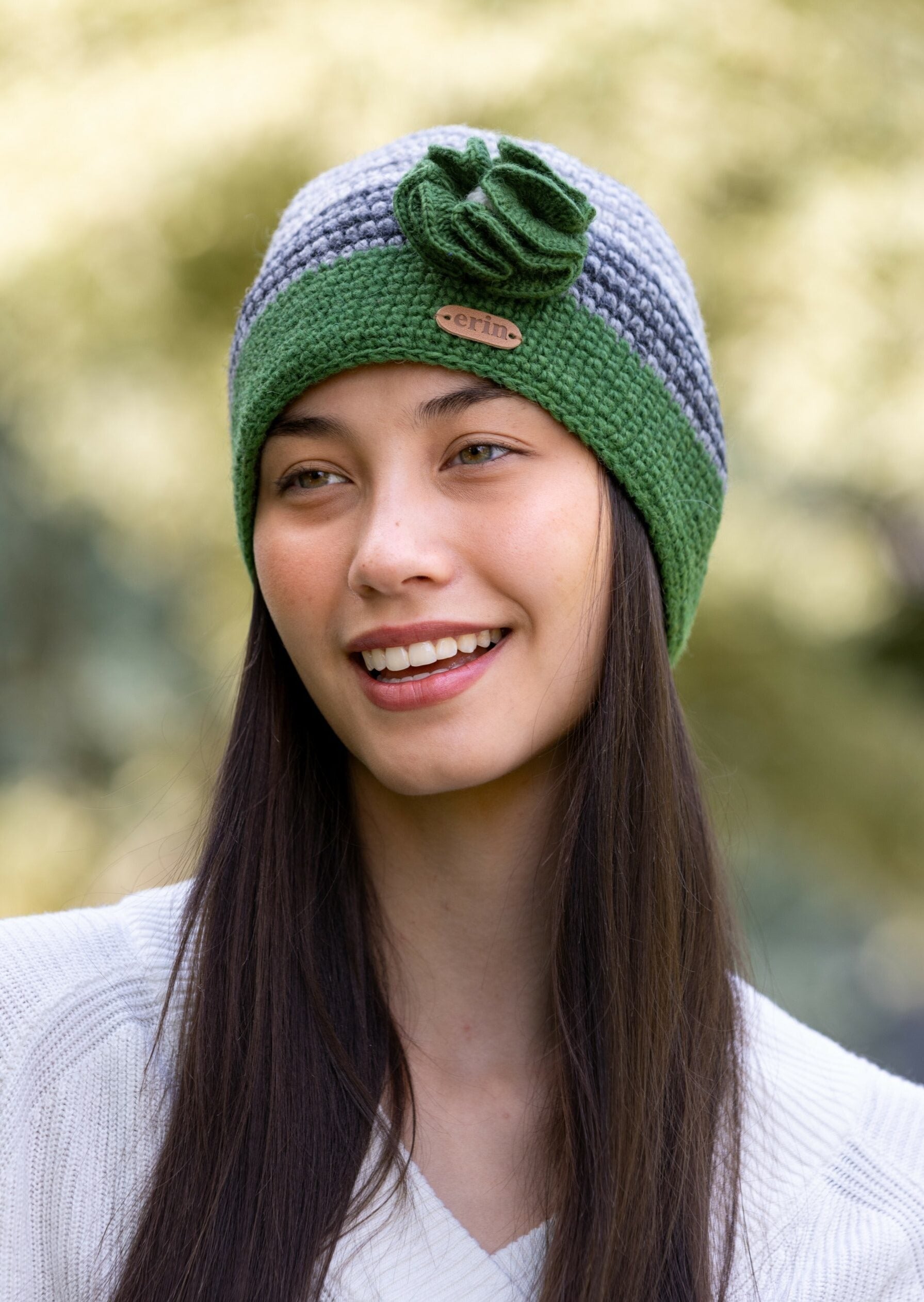 Crochet Cap with Flower Green & Grey