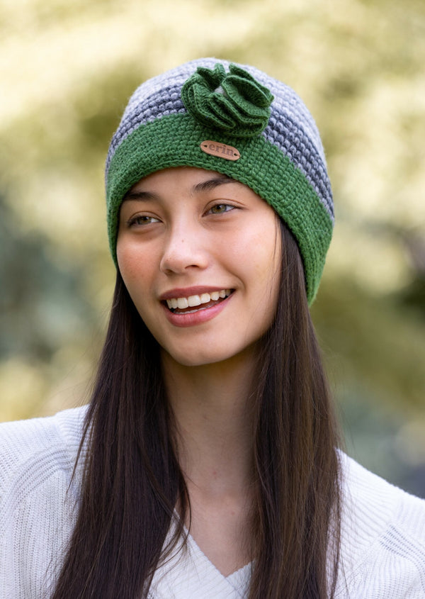 Crochet Cap with Flower Green & Grey