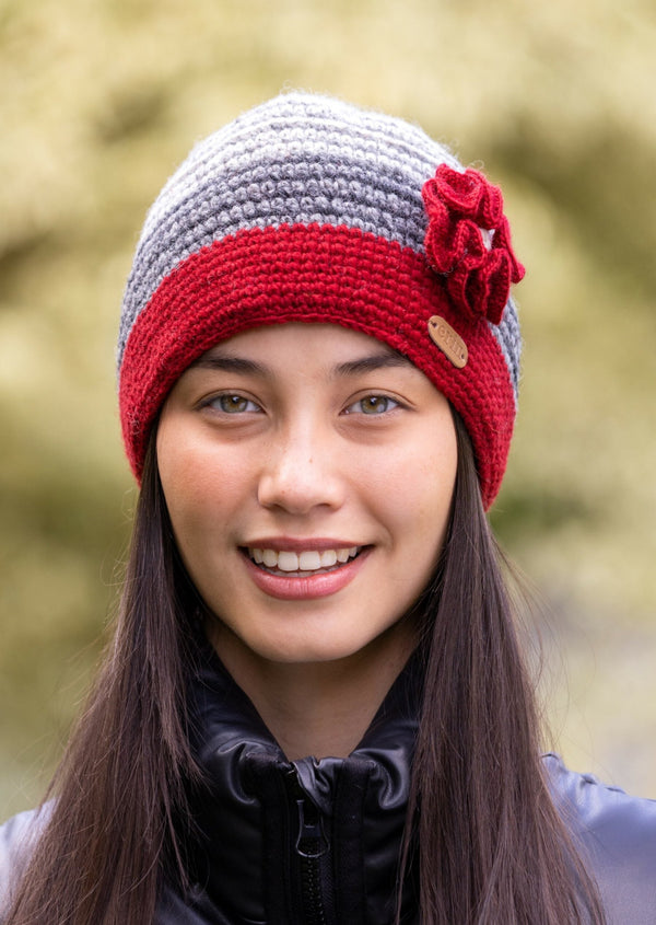 Crochet Cap with Flower Red & Grey