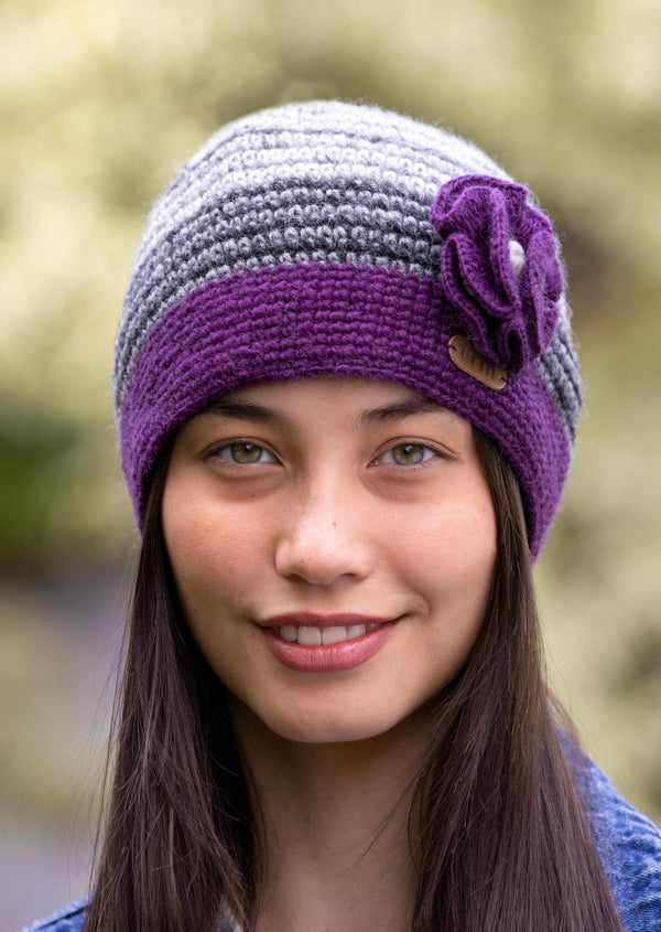 Crochet Cap with Flower Purple & Grey