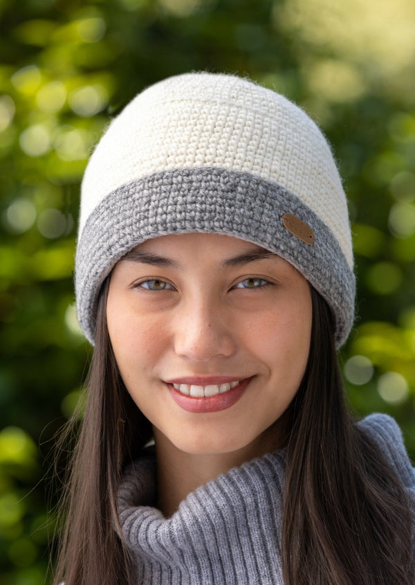 Crochet Turn up Hat Grey Natural