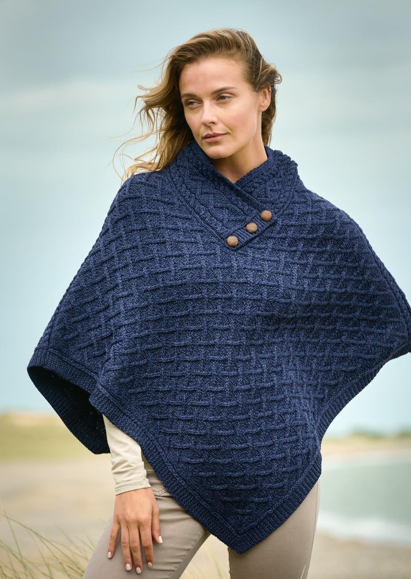 Aran Crafts Ink Blue Wool Poncho