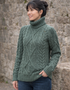 Irish Aran Turtleneck Sweater - 100% Merino Wool | Tundra Green