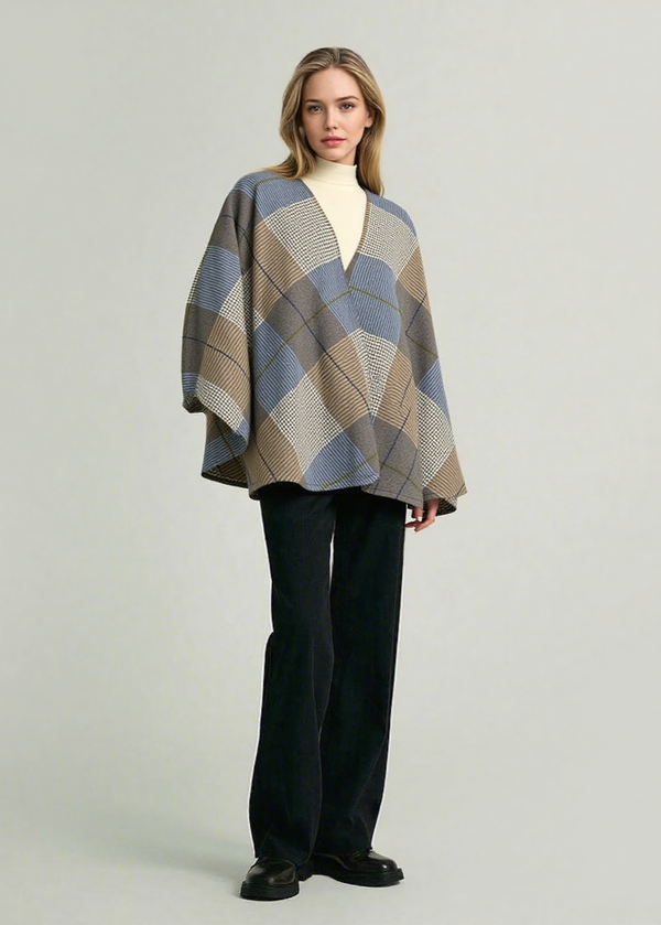 John Hanly Lambswool Cape | Cream Taupe & Denim Check