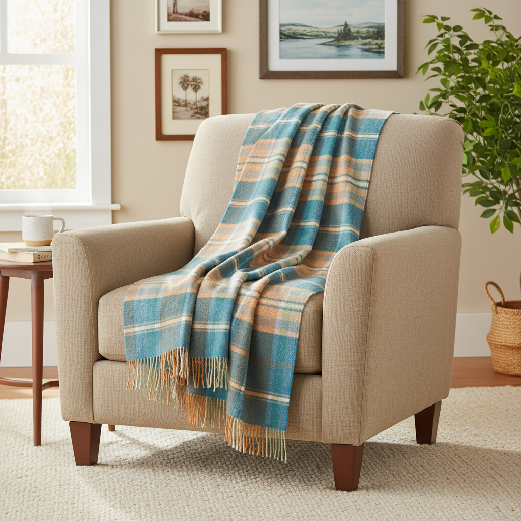 John Hanly Large Lambswool Throw Blue Orange Plaid