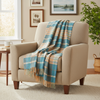 John Hanly Large Lambswool Throw Blue Orange Plaid