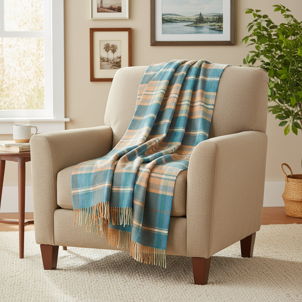 John Hanly Large Lambswool Throw Blue Orange Plaid