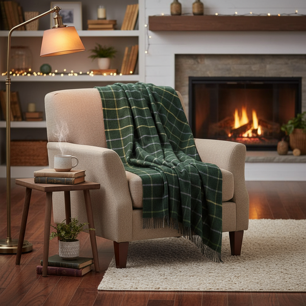 John Hanly Large Lambswool Throw | Green Windowpane