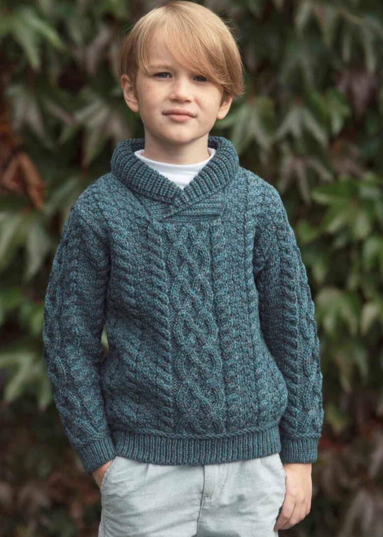 Kid's Shawl Neck Aran Sweater | Peacock