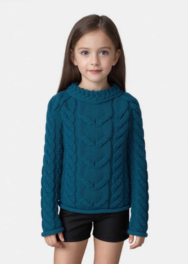 Young girl wearing a teal cable knit aran sweater on a white background