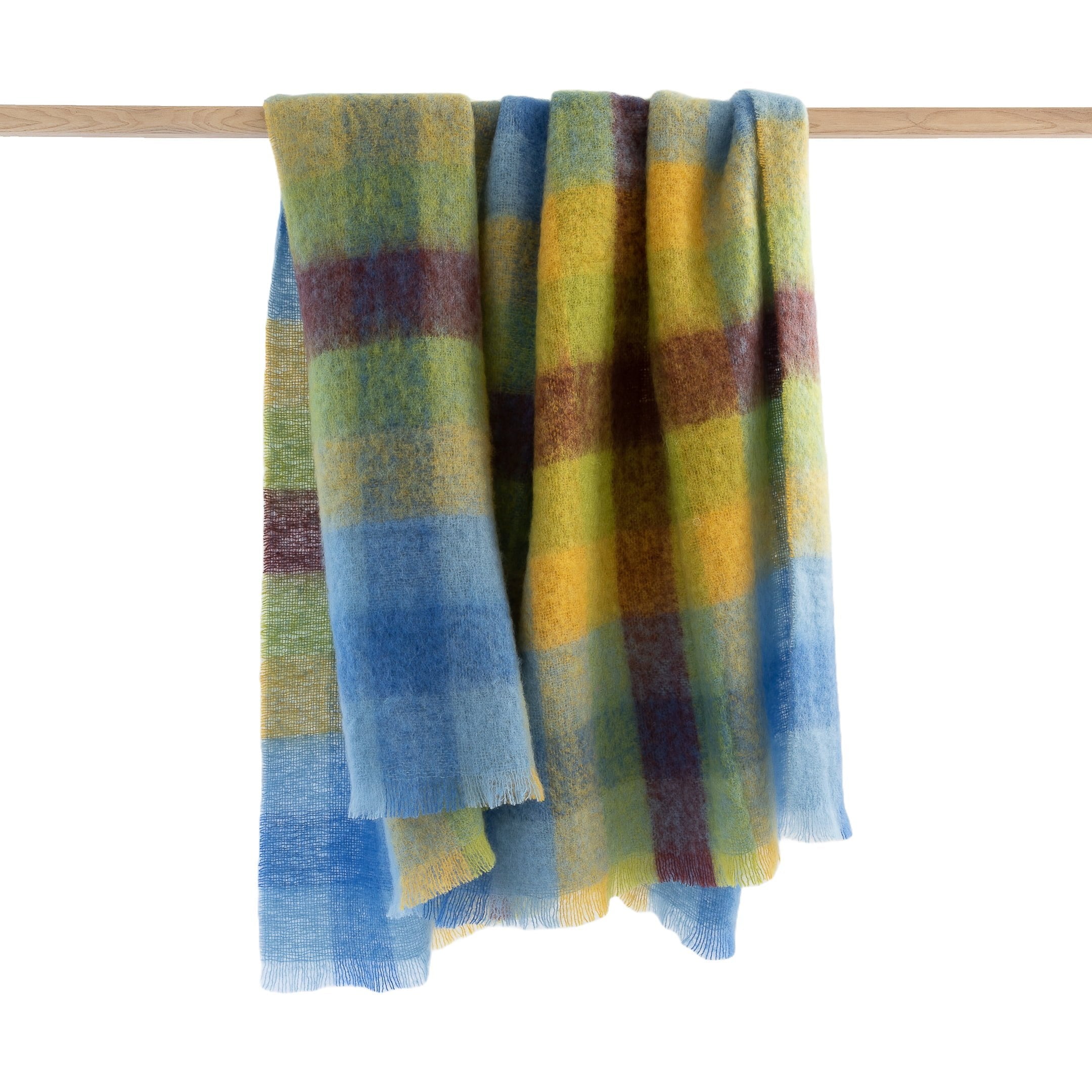 Mohair Throw Blue Yellow Lime Brown Blocks