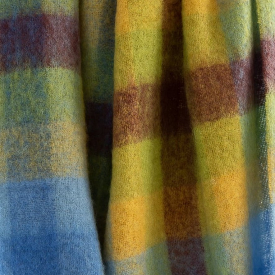 Mohair Throw Blue Yellow Lime Brown Blocks