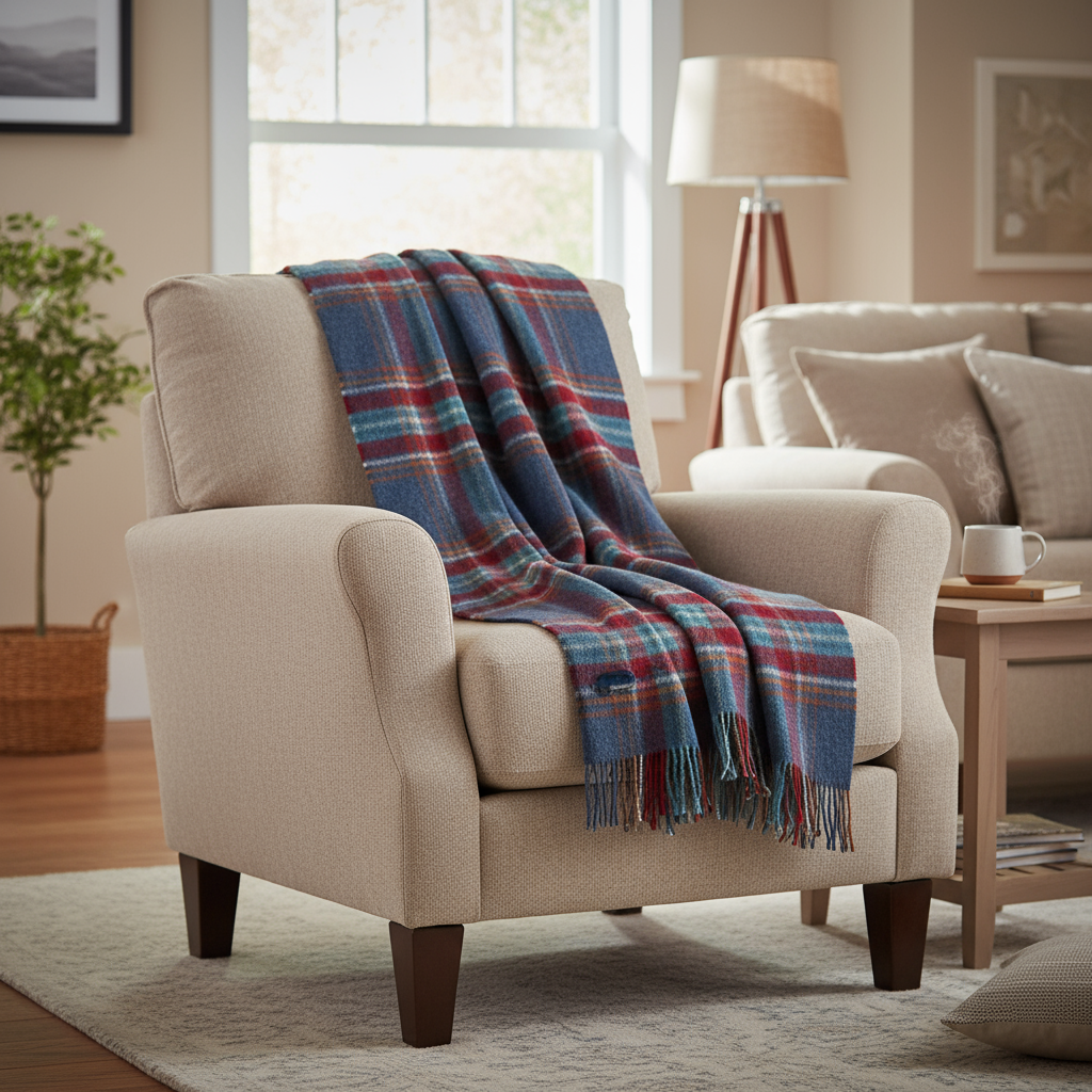 Large Irish Picnic Blanket | Denim Blue Rust Red Plaid