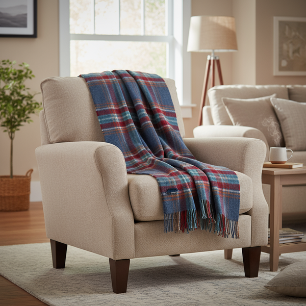 Large Irish Picnic Blanket | Denim Blue Rust Red Plaid