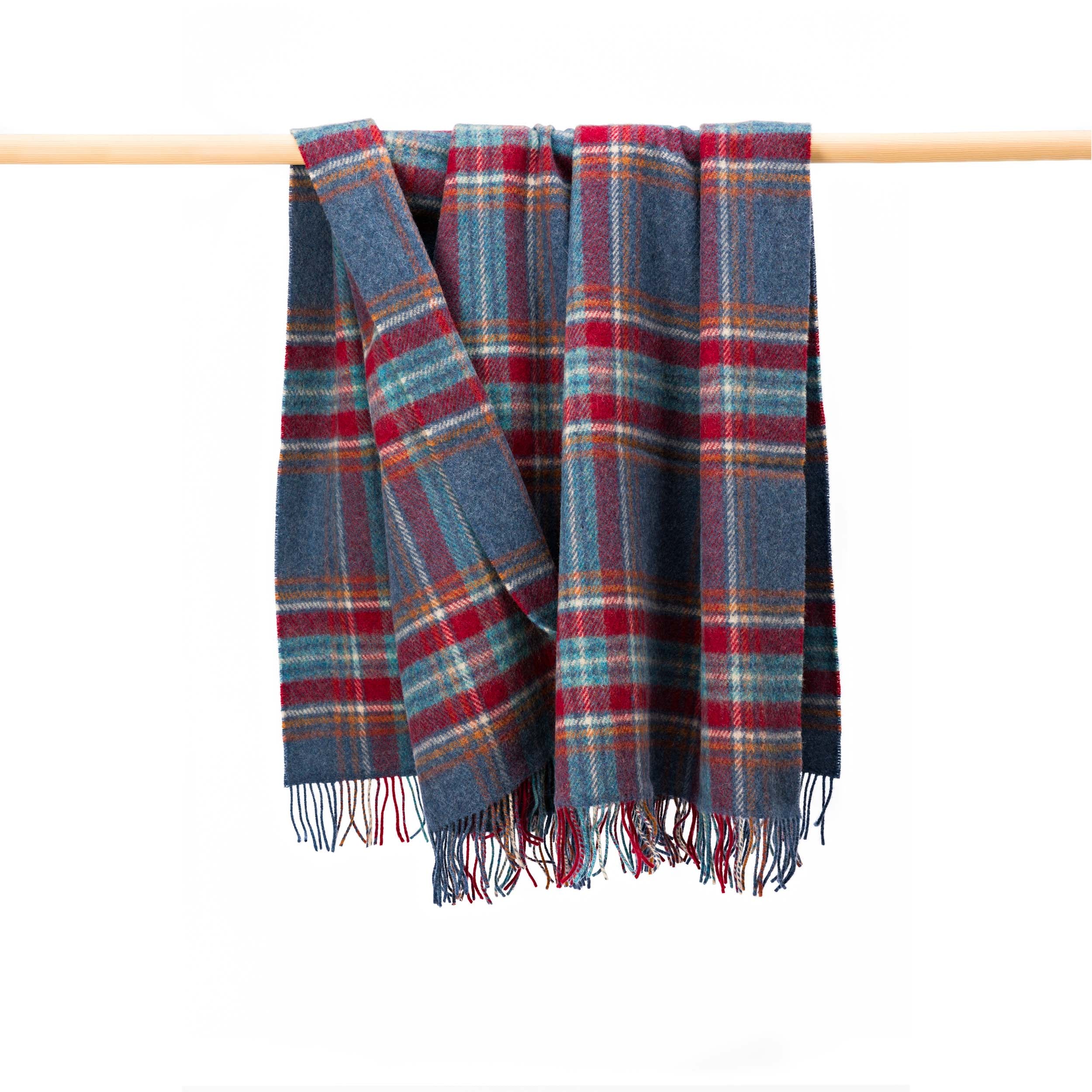 Large Irish Picnic Blanket | Denim Blue Rust Red Plaid