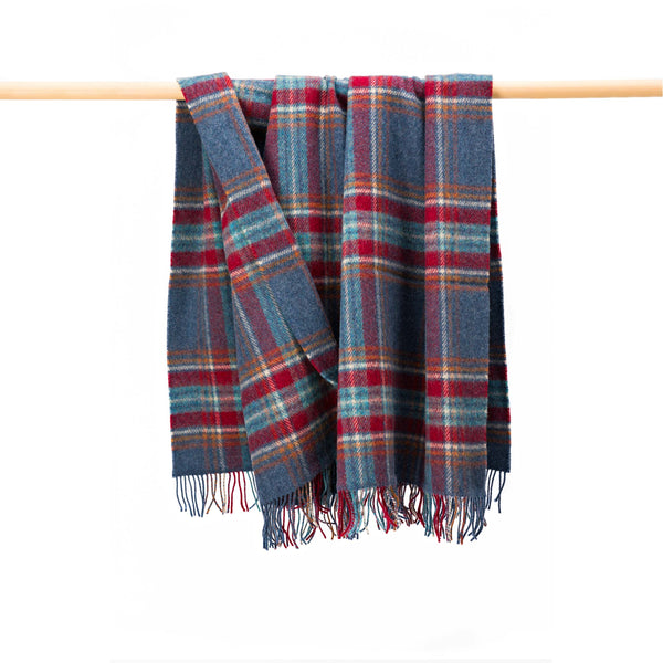 Large Irish Picnic Blanket | Denim Blue Rust Red Plaid
