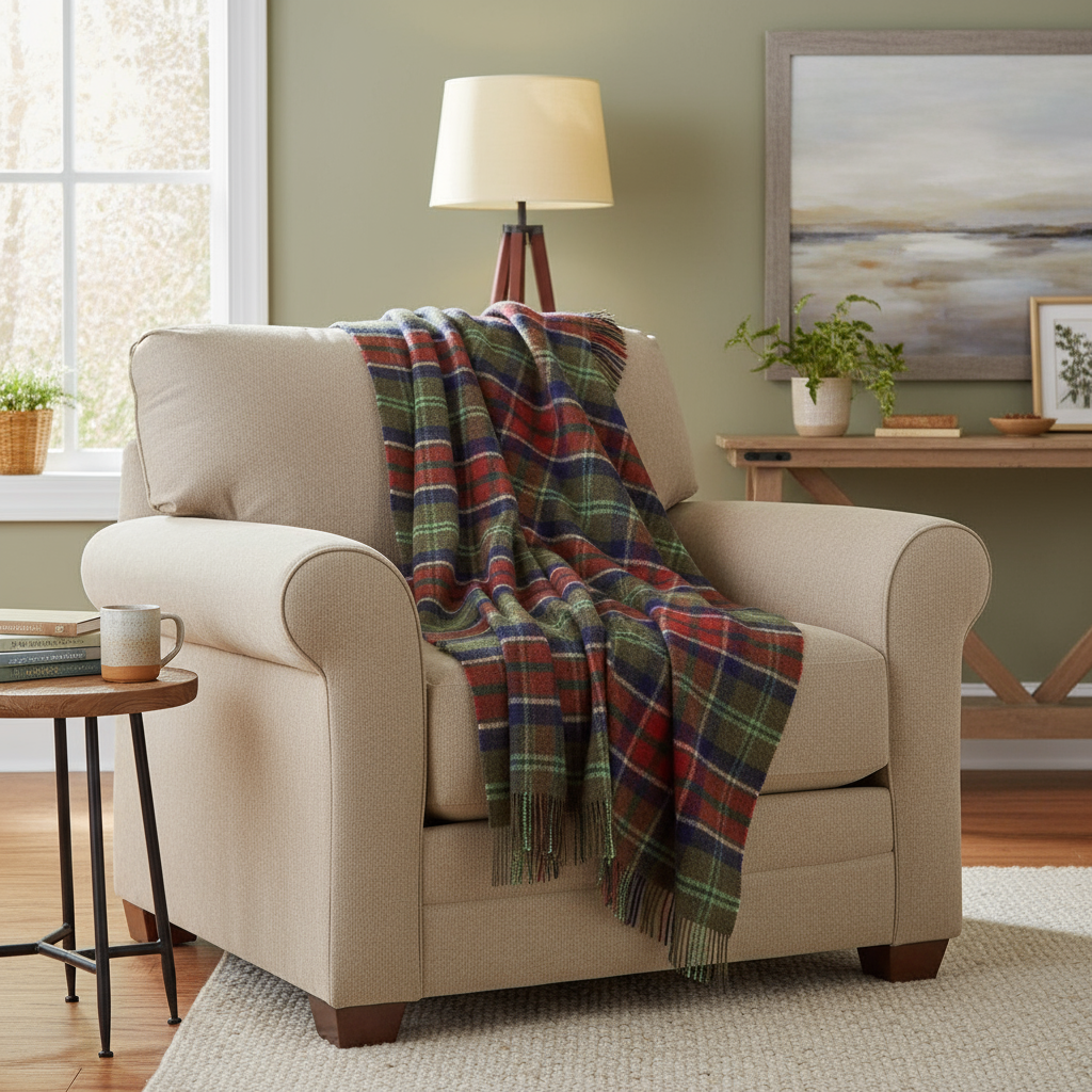John Hanly Large Wool Throw Loden Navy Claret