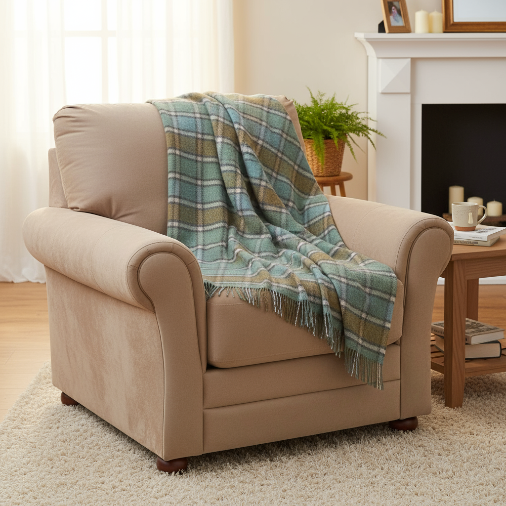 John Hanly Large Lichen Sea Green and Beige Plaid Blanket
