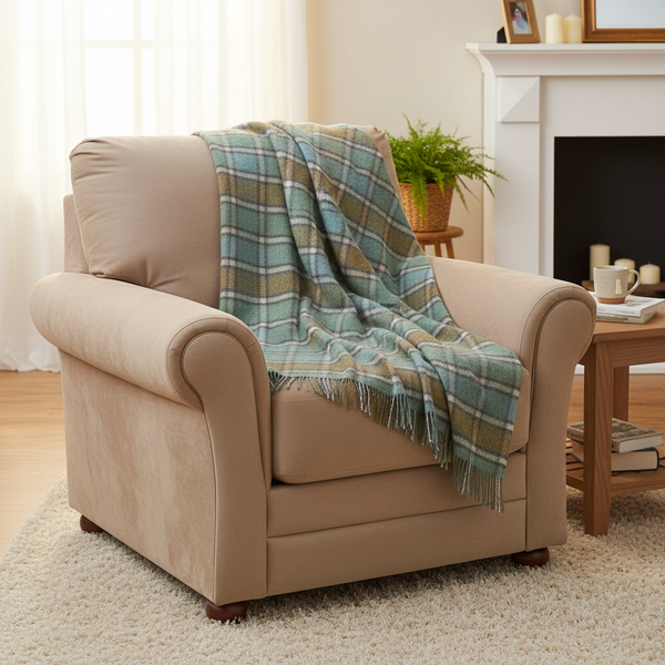 John Hanly Large Lichen Sea Green and Beige Plaid Blanket