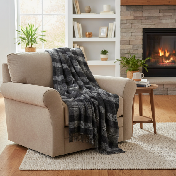 Large Irish Picnic Blanket Grey Graphite Plaid