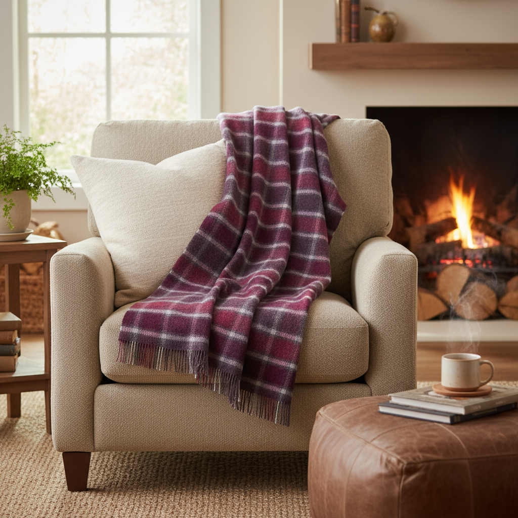 Large Irish Picnic Blanket Berry Red Grey Windowpane