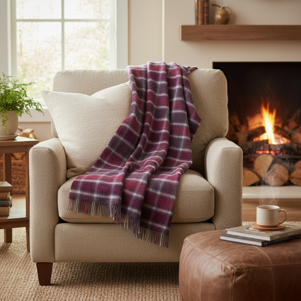 Large Irish Picnic Blanket Berry Red Grey Windowpane