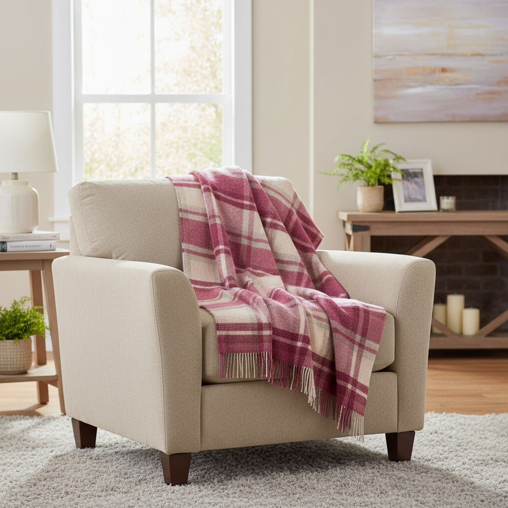 Large Irish Picnic Blanket Natural Pink Mix Plaid