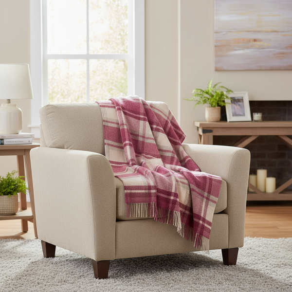 Large Irish Picnic Blanket Natural Pink Mix Plaid