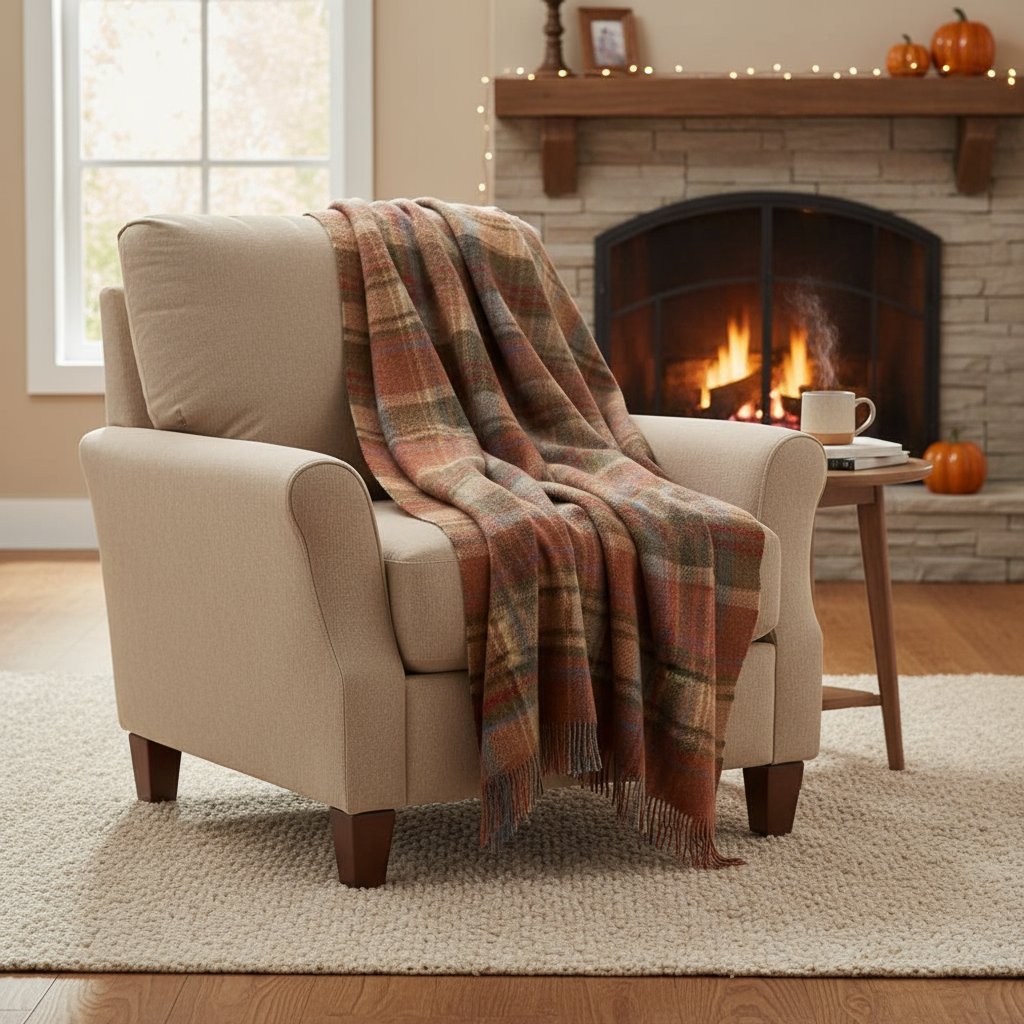 Large Irish Picnic Blanket Brown Orange and Blue Plaid