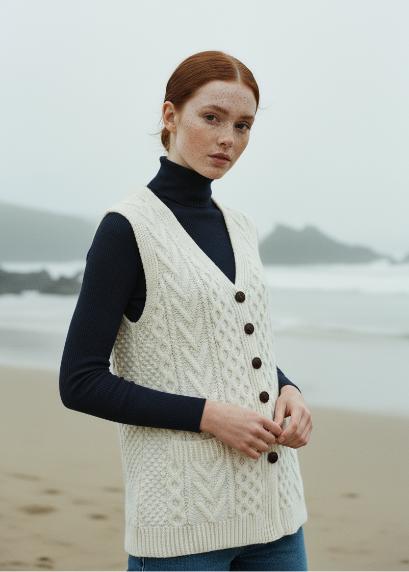 Ladies Handknit Aran Sleeveless Cardigan