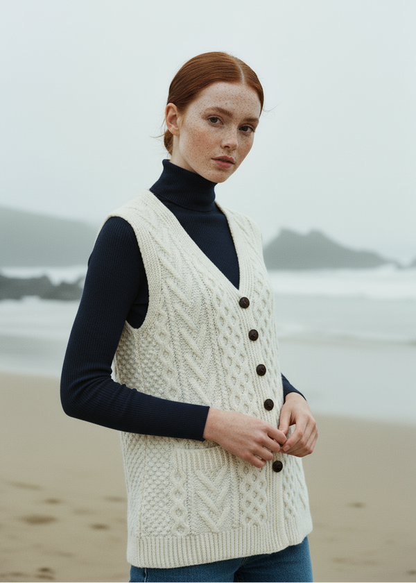 Ladies Handknit Aran Sleeveless Cardigan