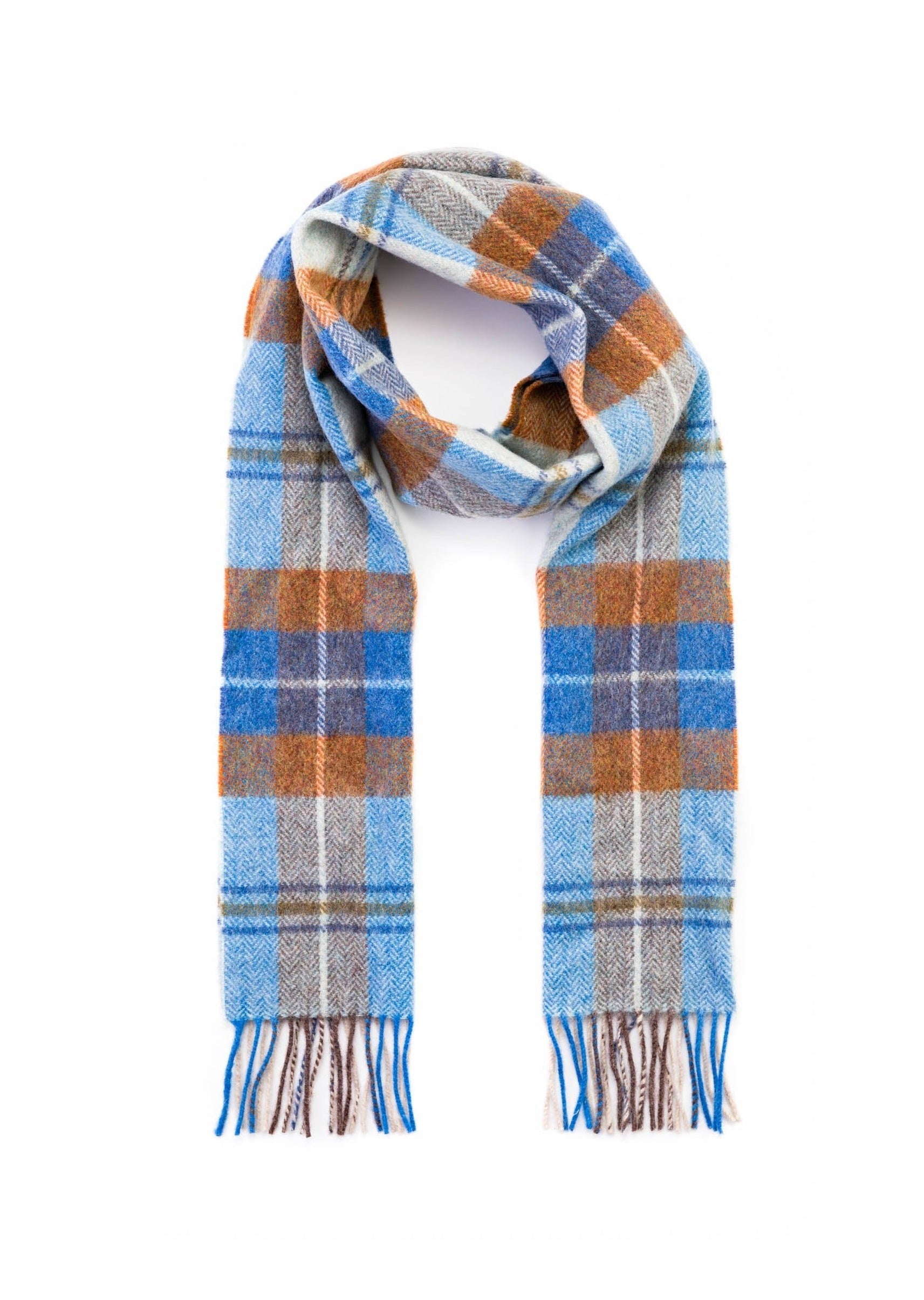 John Hanly Blue Grey Rust Plaid Scarf