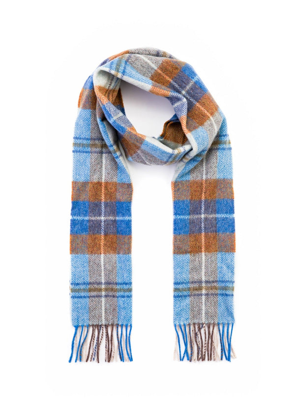 John Hanly Blue Grey Rust Plaid Scarf