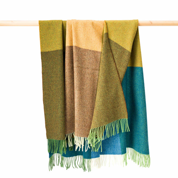 Lambswool Throw Blue Green Mustard Tan Large Blocks